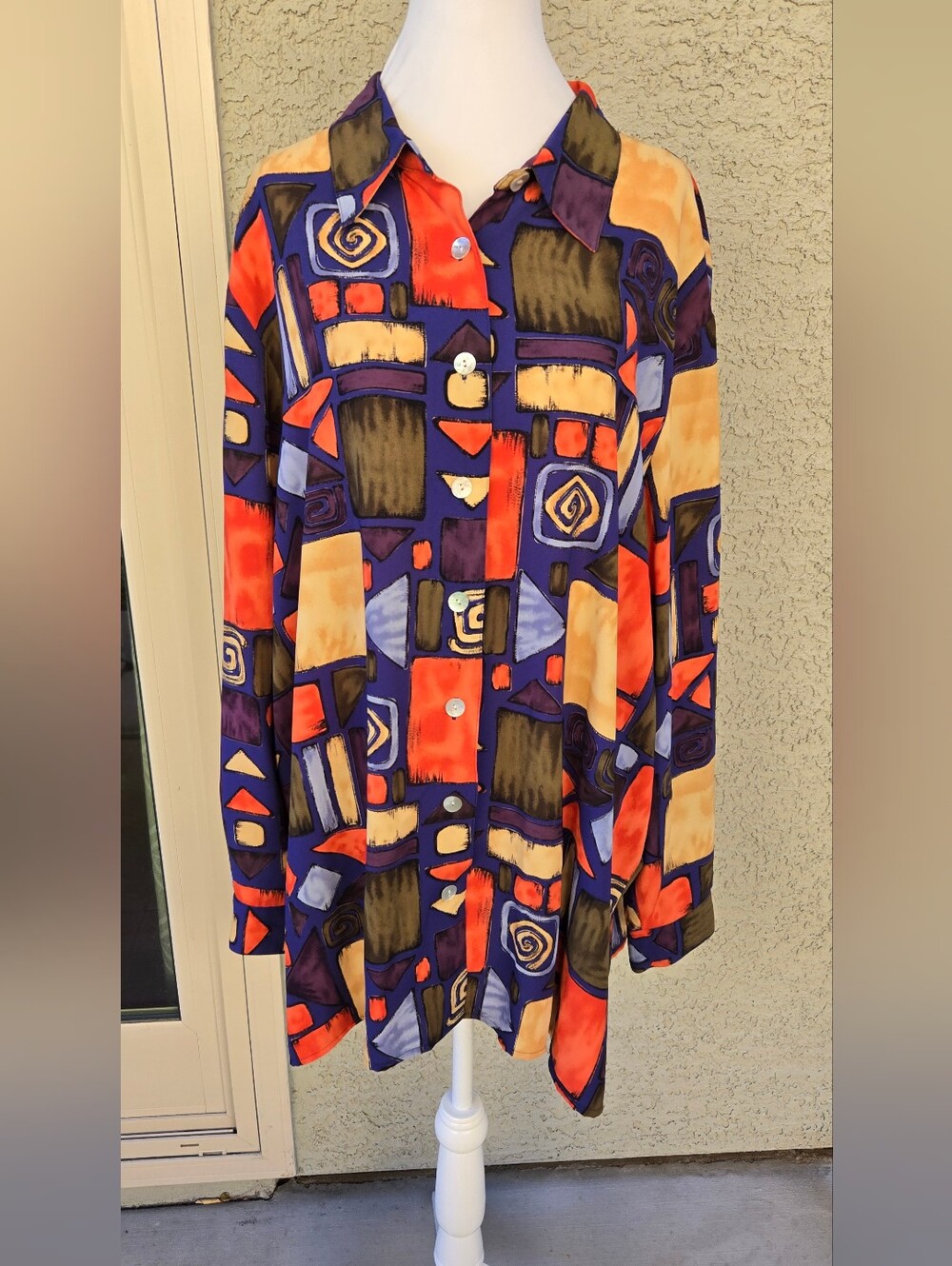 Men's Abstract Geometric Button-Down Shirt - Orange & Purple
